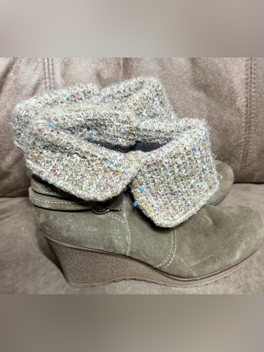 Bjorndal Lilly Knit Cuff Wedge Booties in Olive Green with Multicolor Tweed Cuff